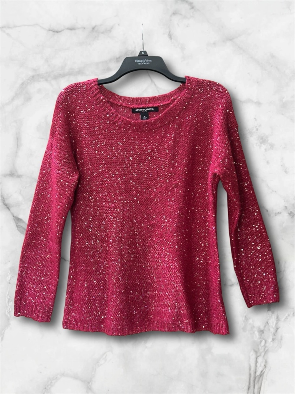 Sharagano Fuchsia Pink Sequin Knit Sweater Sparkly Crew Neck Size M - Picture 2 of 9